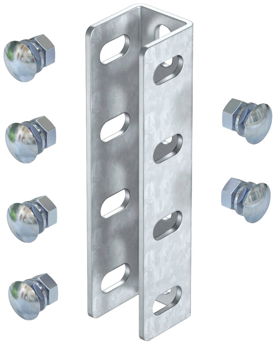 Ein Metallwinkel mit Löchern für Schrauben zur Montage gezeigt. Sechs Schrauben in zwei Gruppen angeordnet sind ebenfalls abgebildet.