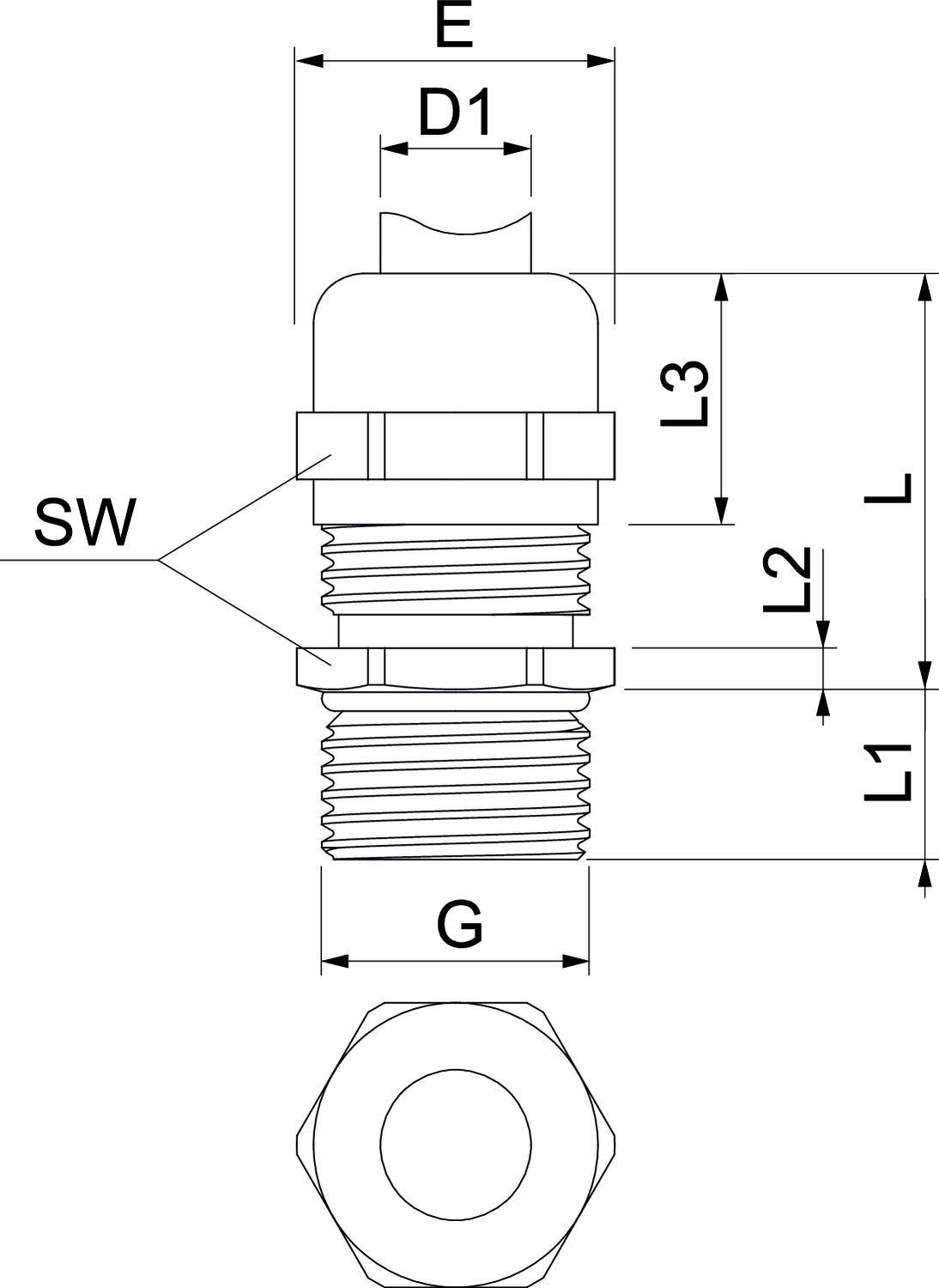 Technische Zeichnung einer Schraube mit Gewindemaßen E, D1, L, L1, L2, L3 und G. Sechskantkopf ist mit SW gekennzeichnet.