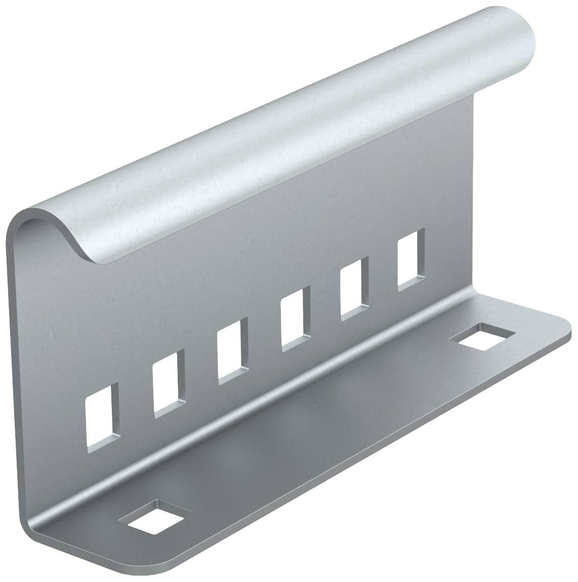 Metallwinkelhalterung mit fünf rechteckigen Aussparungen an der vertikalen Fläche und zwei quadratischen Löchern an der horizontalen Basis.