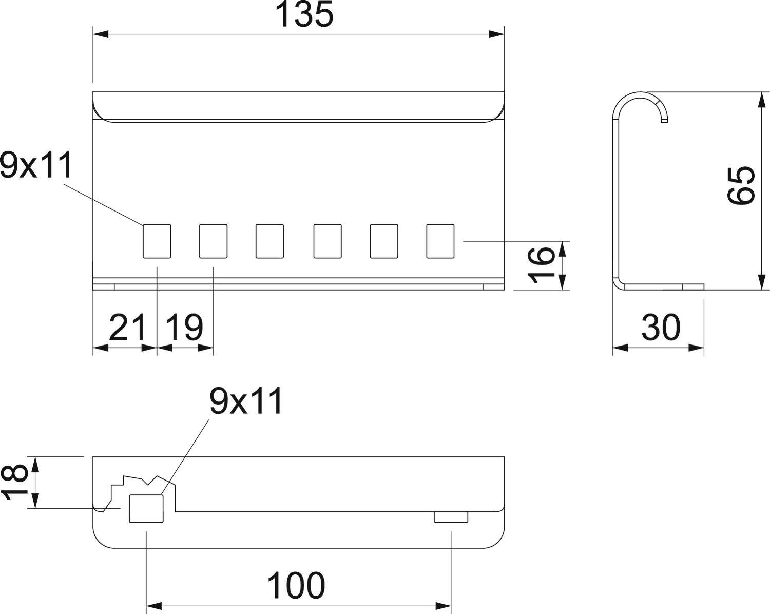 Technische Zeichnung eines rechteckigen Gehäuses mit Maßen: 135 x 65 x 30 mm. Zeigt Ansichten von vorn, der Seite und oben.