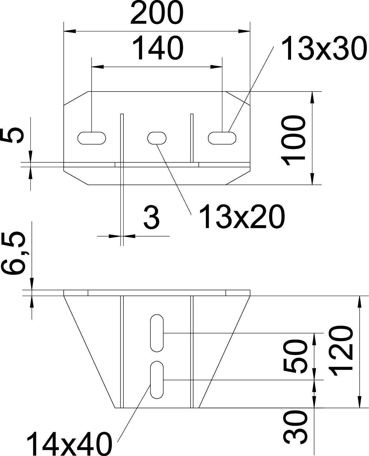Technische Zeichnung eines Bauteils mit Maßen: 200 x 140 mm außen, und drei Bohrungen 13 x 30 mm oben. Seitenansicht zeigt 120 mm Höhe.