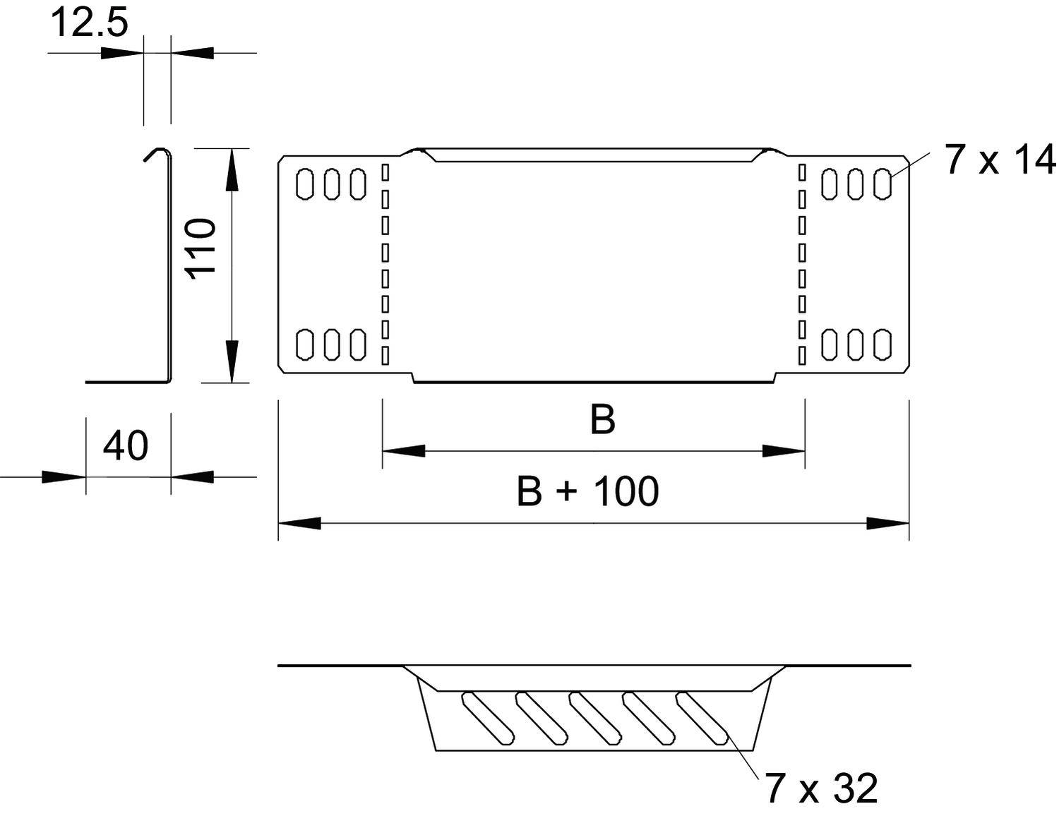 Technische Zeichnung eines Bauteils mit Bemaßungen: 12,5 mm, 110 mm, 40 mm, 7 x 14 mm, 7 x 32 mm. Ansicht von oben und der Seite sichtbar.