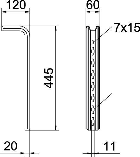 Technische Zeichnung eines Metallprofils mit Abmessungen: Höhe 445 mm, Breite 60 mm, und gebogener Abschnitt von 120 mm. Löcher sind 7x15 mm.