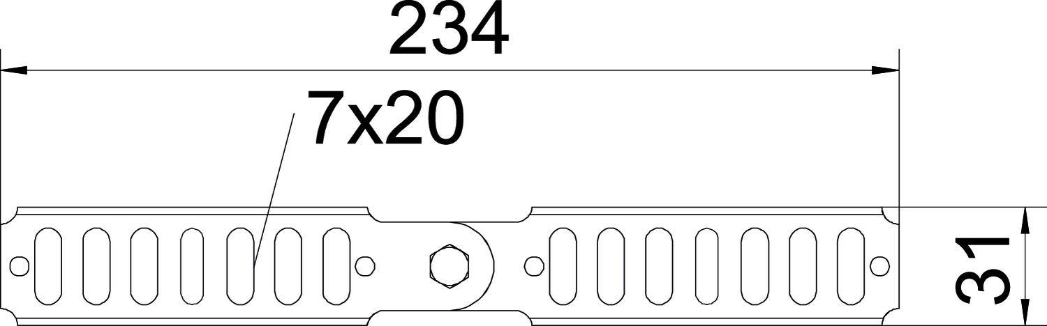 Technische Zeichnung eines Metalldreiecks mit zehn ovalen Öffnungen und den Maßen: Breite 234 mm, Höhe 31 mm, Öffnungen 7 x 20 mm.
