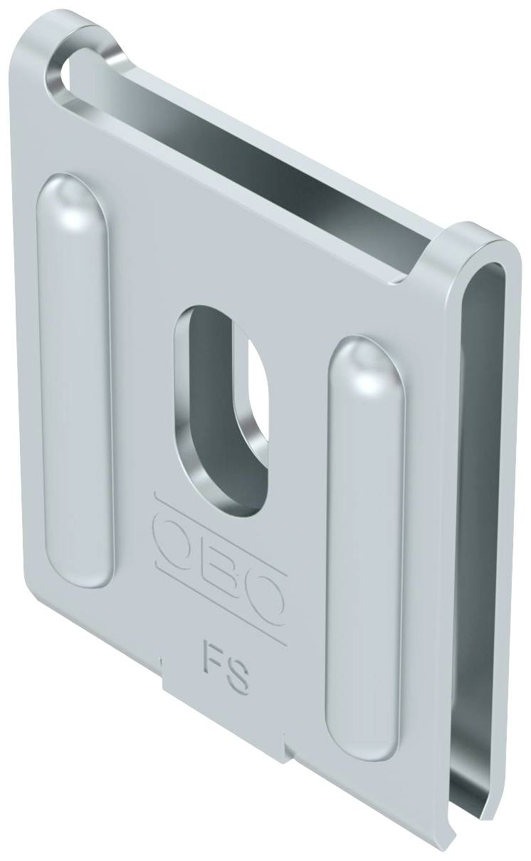 Flacher Metallclip mit abgerundeten Kanten und zentraler ovaler Öffnung. Geprägt sind die Buchstaben 'OBO' und die Ziffern 'FS'.