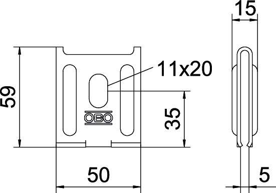 Technische Zeichnung eines Metallclips mit Maßen: Höhe 59 mm, Breite 50 mm, Seitenansicht 15 mm. 11x20 mm Öffnungen markiert.