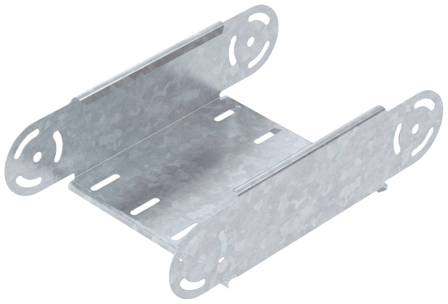 Metallisches Montageelement mit drei Schlitzen auf jeder Seite. Verwendet für die Befestigung an Strukturen, kompatibel mit verschiedenen Bauteilen.