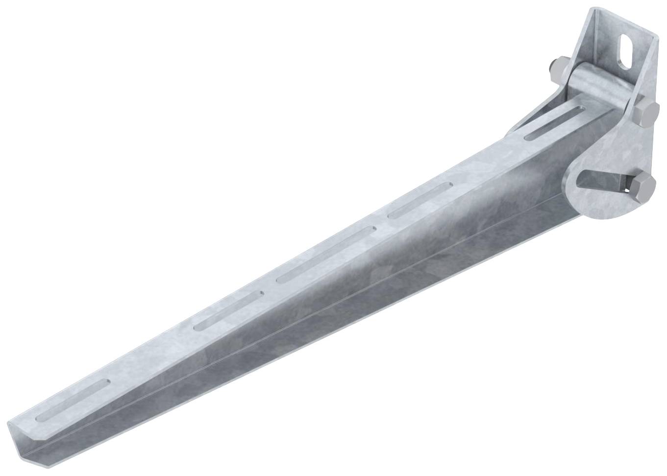 Ein grauer, metallischer Regalträger mit schräger Strebe und Befestigungslöchern, geeignet für die stabile Wandmontage von Regalen.