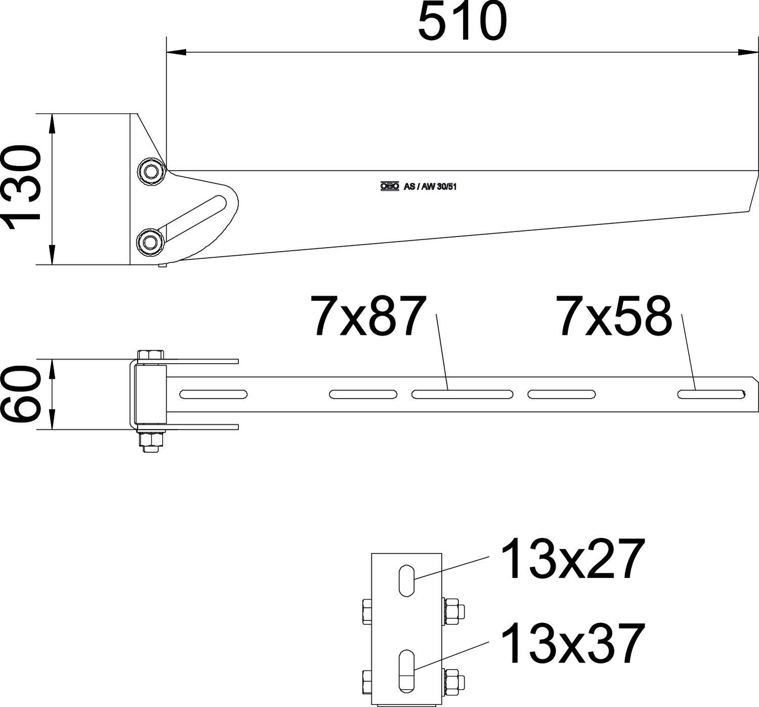 Technische Zeichnung einer Wandkonsole: Maße 510 mm Länge, 130 mm Höhe, 60 mm Tiefe. Mehrere Befestigungsbohrungen markiert.
