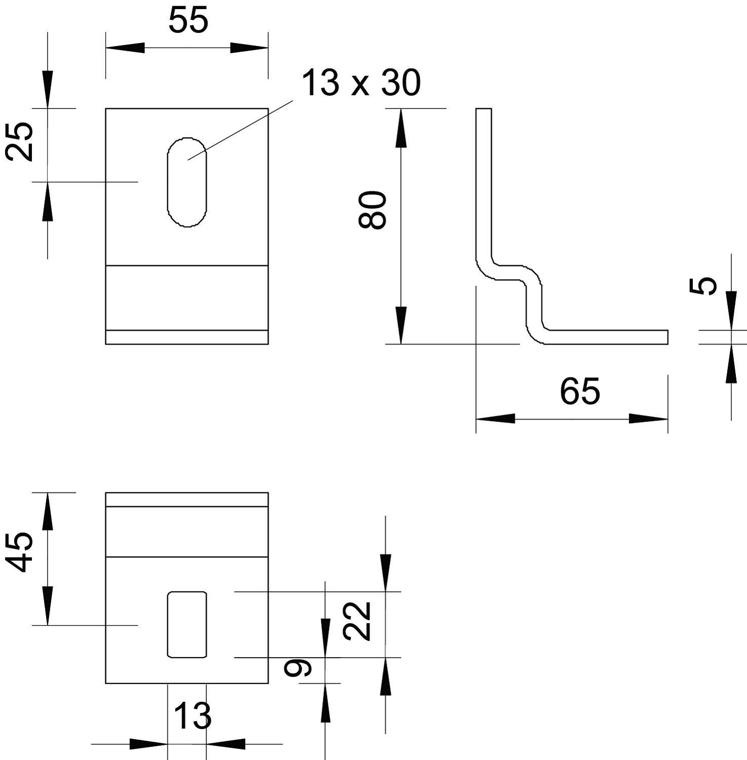 Technische Zeichnung eines Metallprofils mit Bemaßungen. Oben links: Vorderansicht mit Maßen 55x80 mm und einem Loch 13x30 mm. Oben rechts: Seitenansicht, 65 mm tief. Unten: weitere Detailansicht.