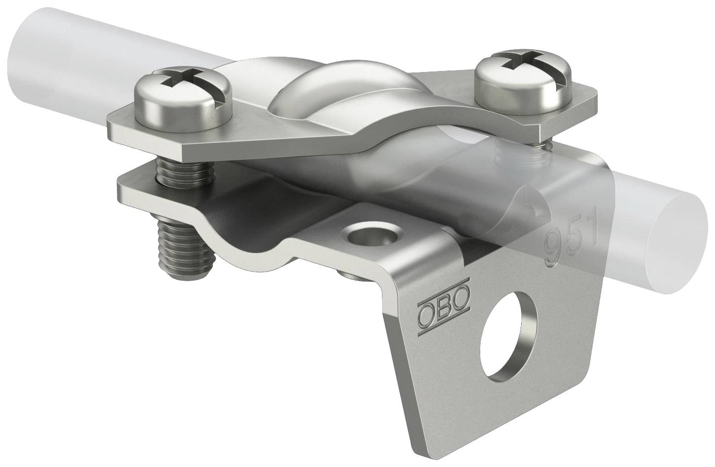 Metallverbinder mit Schrauben zur Fixierung eines zylindrischen Elements. Geeignet für technische Installationen oder Konstruktionen.