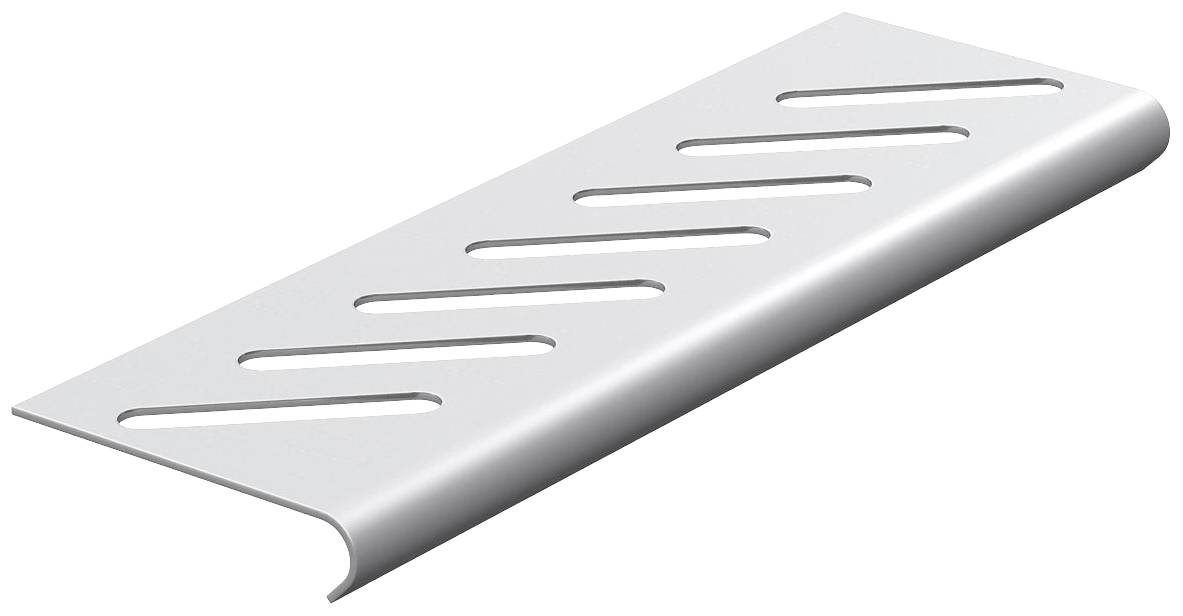 Ein silbernes, abgewinkeltes Metallprofil mit mehreren langen, schmalen Schlitzen zur Belüftung.