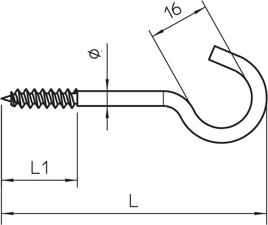 Eine technische Zeichnung einer Schraubhaken mit Maßangaben: Länge (L), Länge des Gewindes (L1), Durchmesser (Ø), und Hakenmaß (16).