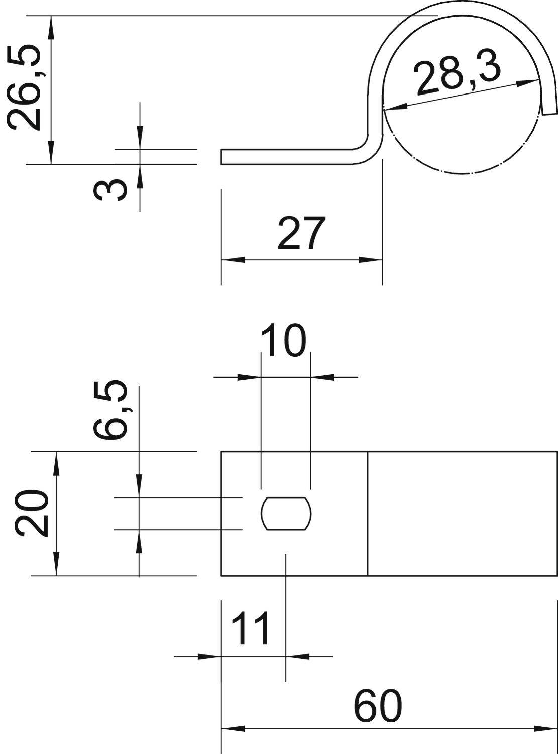 Technische Zeichnung eines Teils mit Maßen: 28,3 mm Kreis, 27 mm breite Linie, 60 mm Länge, mit detaillierten Abständen und Winkeln.