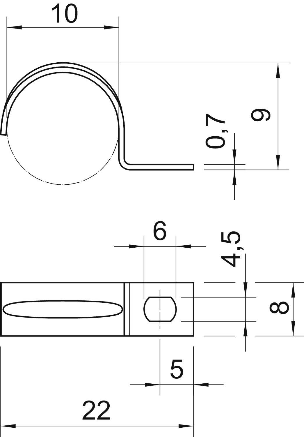 Technische Zeichnung eines metallischen Befestigungsclips mit Maßen in Millimetern, darunter Breite 10 mm, Höhe 9 mm und Länge 22 mm.