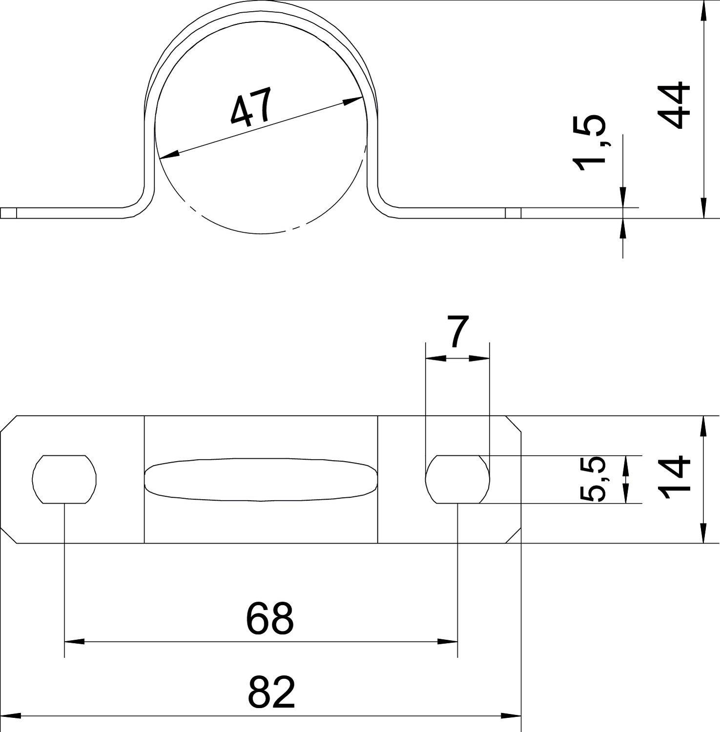 Technische Zeichnung eines Metallbügels mit Maßen: Gesamtlänge 82 mm, Breite 44 mm, Höhe 14 mm, mittlerer Durchmesser 47 mm.