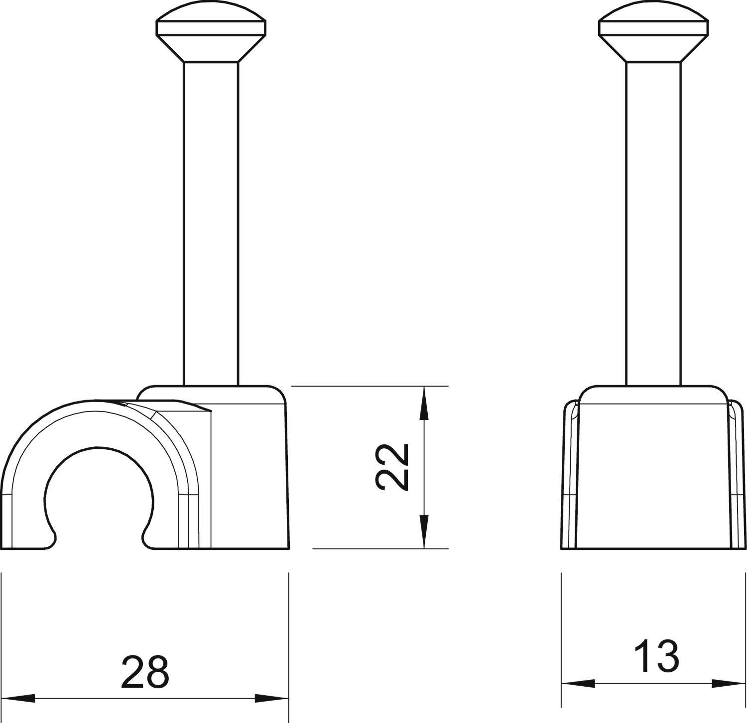 Technische Zeichnung eines U-förmigen Bauteils mit Maßen: 28 mm Breite, 22 mm Höhe, 13 mm Tiefe, mit zylindrischem Stift.