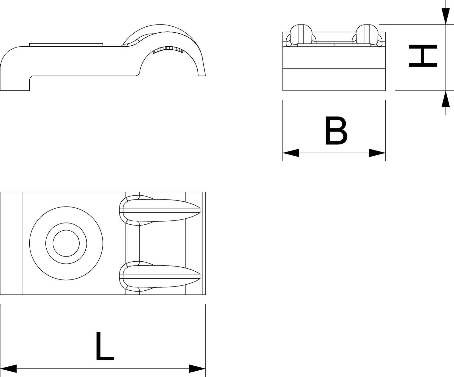Technische Zeichnung eines strukturellen Bauteils mit Seitenansicht, Draufsicht und Frontansicht. Beschriftet mit 'B', 'H', 'L'.