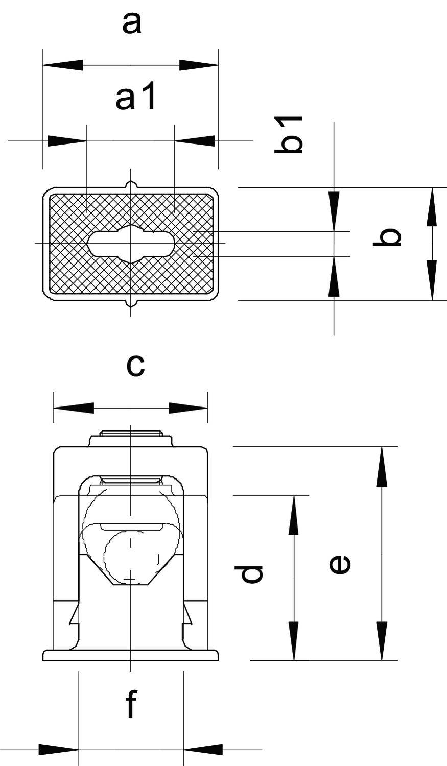 Technische Zeichnung eines Halters mit Maßen: Breite 'a', 'a1', Höhe 'b', 'b1', Gesamthöhe 'c', Detailhöhen 'd', 'e', Basisbreite 'f'.