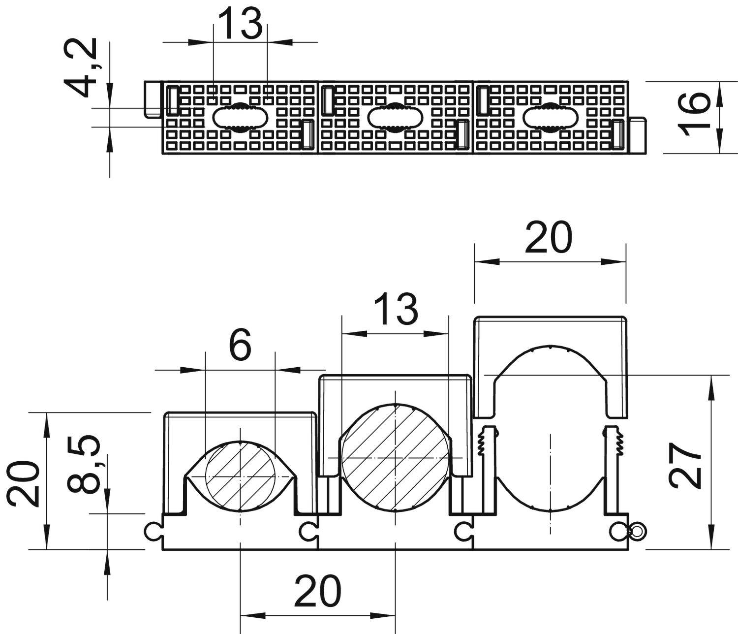 Technische Zeichnung eines Kabelkanals mit drei Sektionen. Maße: Höhe 27 mm, Breite 20 mm pro Abschnitt, Tiefe der ersten Sektion 20 mm.