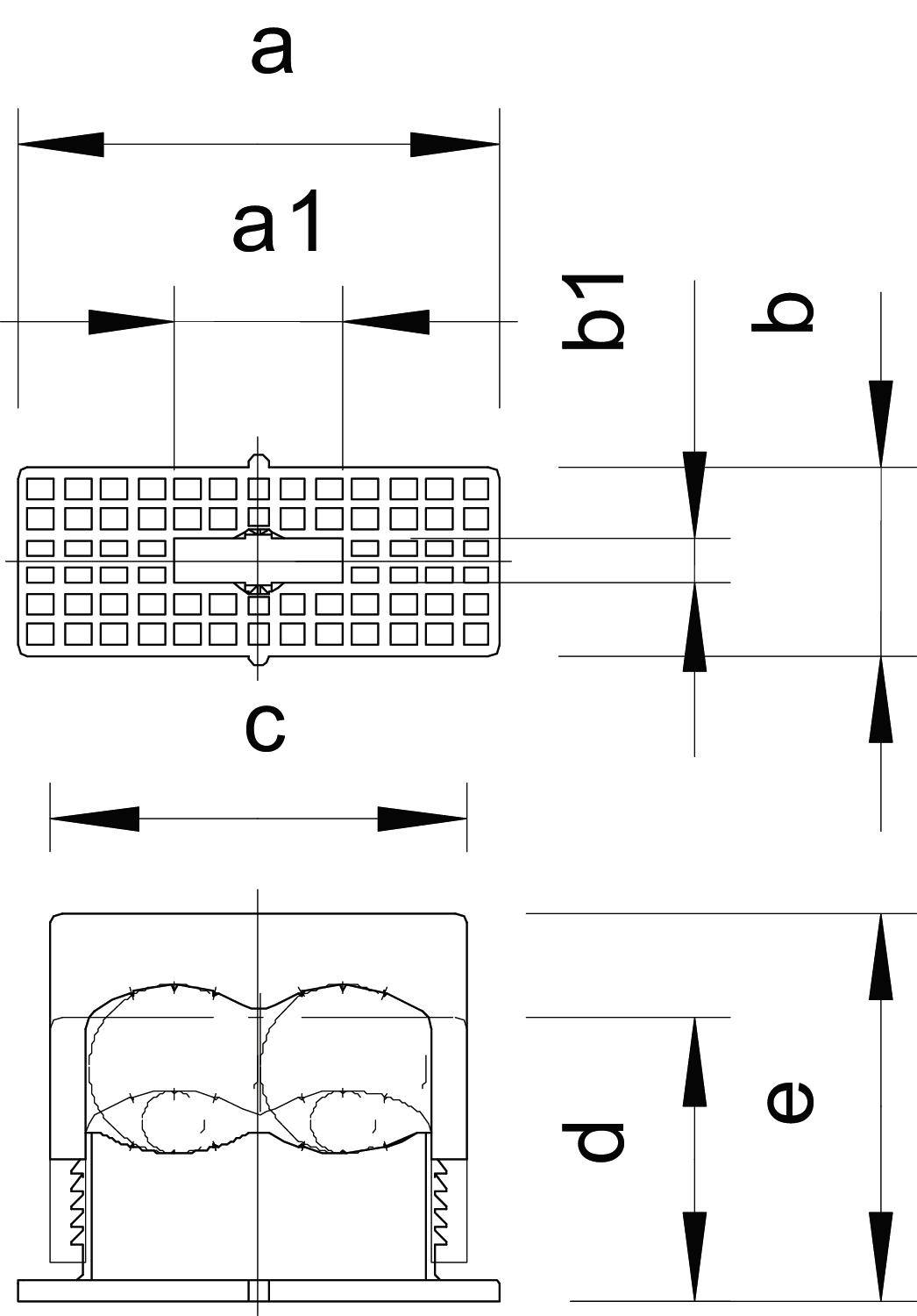 Technische Zeichnung eines elektronischen Bauteils mit Maßeinheiten: 'a', 'a1', 'b1', 'b', 'c', 'd', 'e'. Oben Draufsicht, unten Seitenansicht.