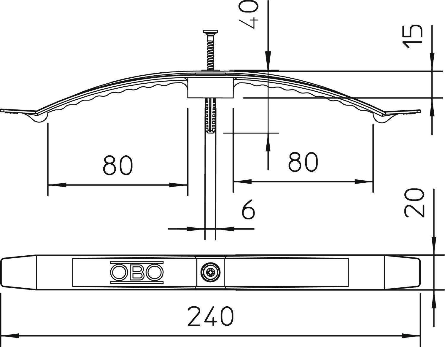 Technische Zeichnung einer Bauteilhalterung mit Maßen: Breite 240 mm, Höhe 40 mm. Details zeigen Schraube und Symbole auf der Basis.