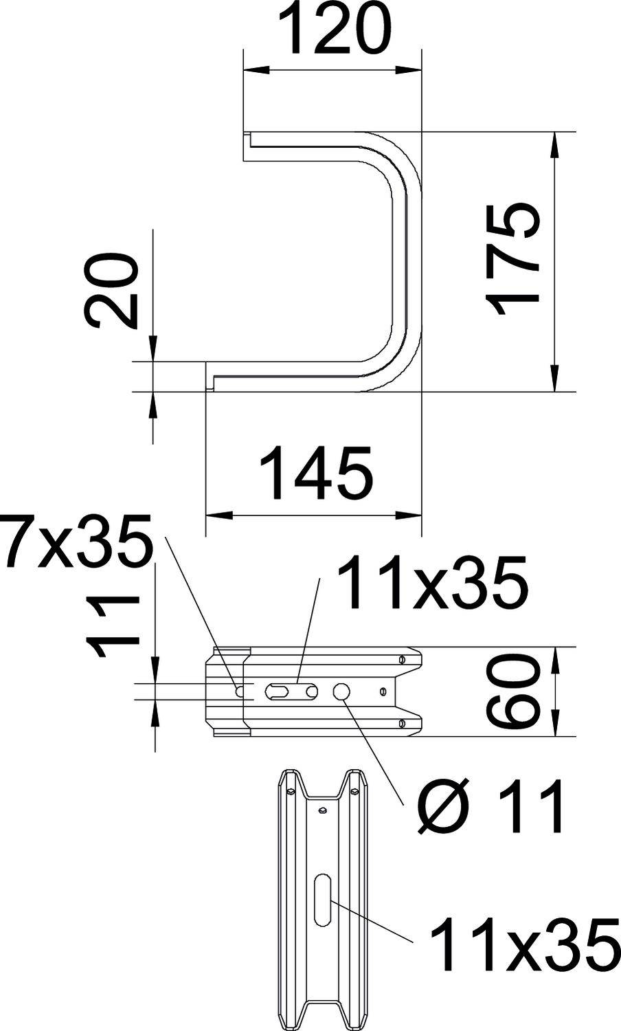 Technische Zeichnung eines C-förmigen Metallprofils mit Maßen: Breite 120 mm, Höhe 175 mm, Tiefe 145 mm. Detailmaße: 7x35 mm, 11x35 mm, Ø 11 mm, Gesamthöhe 60 mm.
