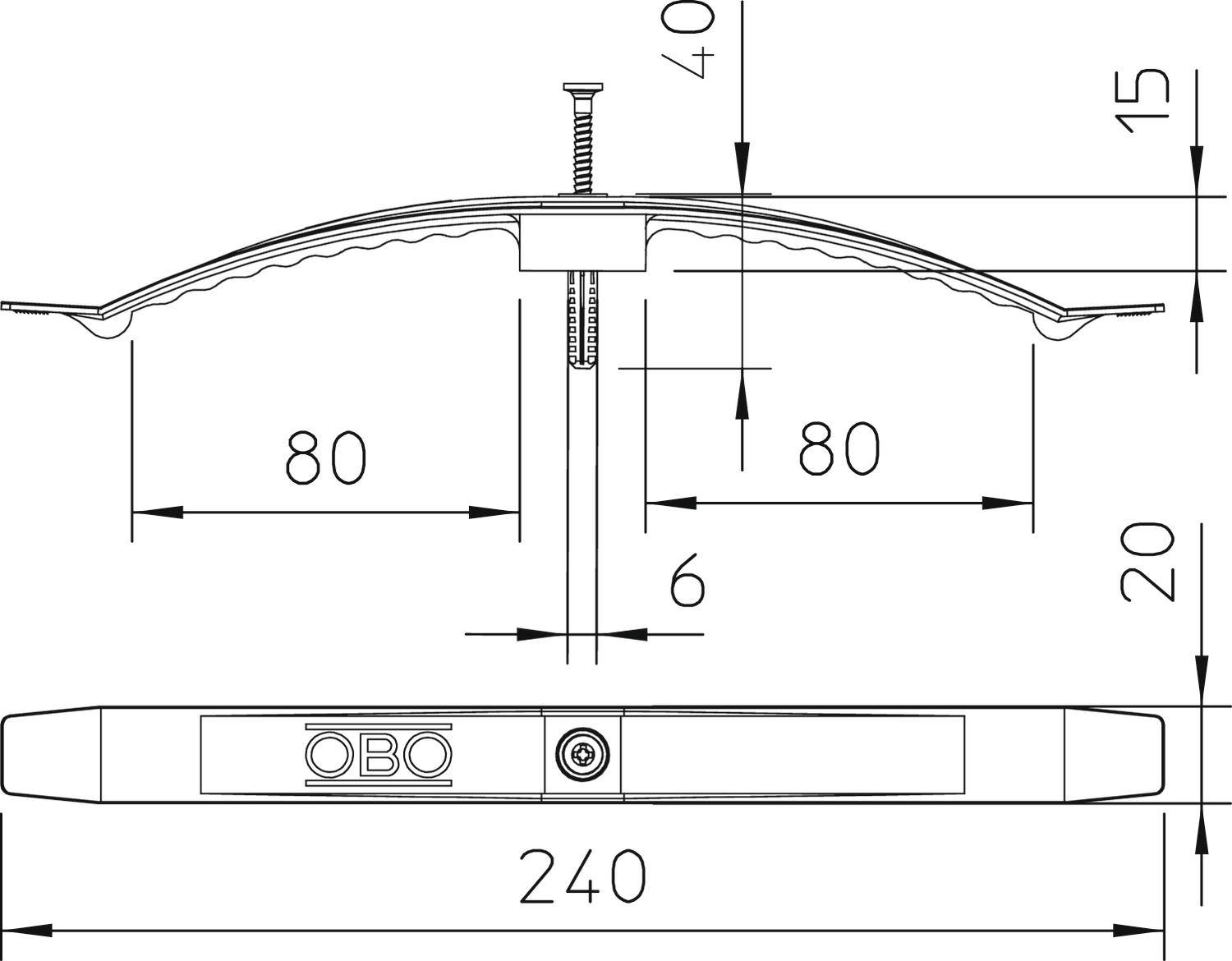 Technische Zeichnung einer Montagehalterung mit Maßen: Breite 240 mm, Höhe 40 mm, Tiefe 20 mm, Schraubenbefestigung.