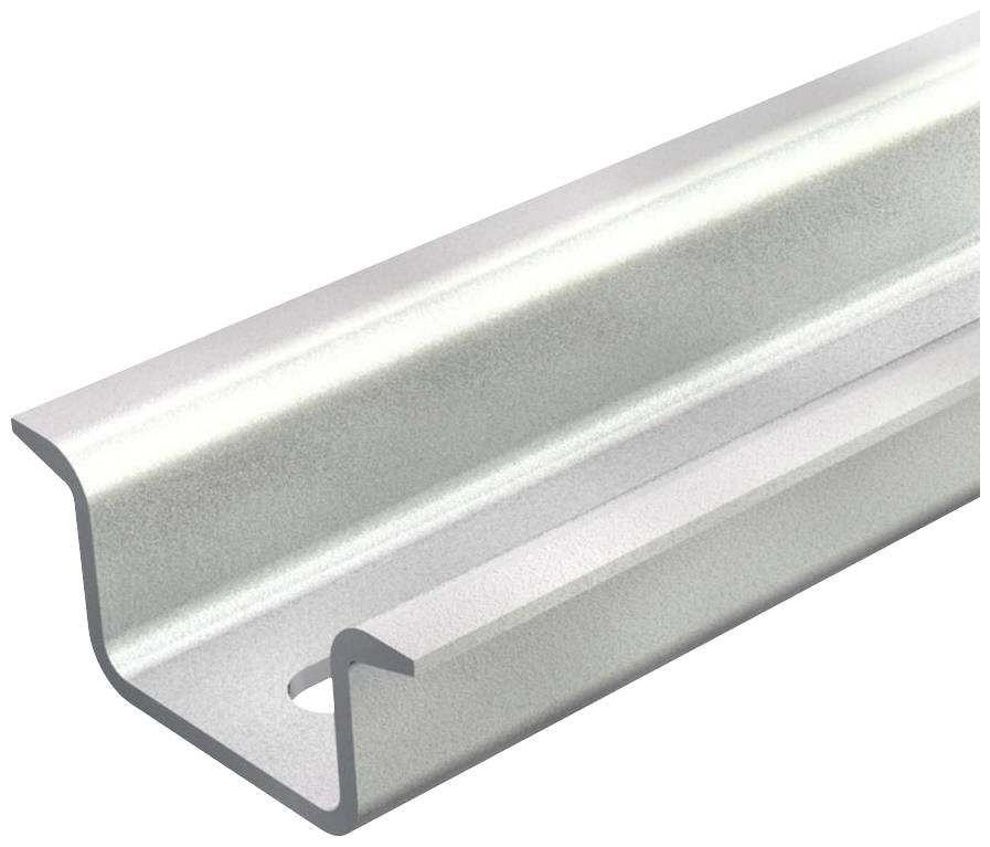 Metallisches C-förmiges Schienenprofil mit einer Bohrung auf der unteren Fläche, geeignet für industrielle oder bauliche Anwendungen.