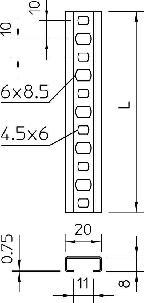 Technische Zeichnung eines Metallprofils mit Maßen: Löcher 6x8,5 mm und 4,5x6 mm, Breite 20 mm, Höhe 11 mm, Länge angegeben als L.