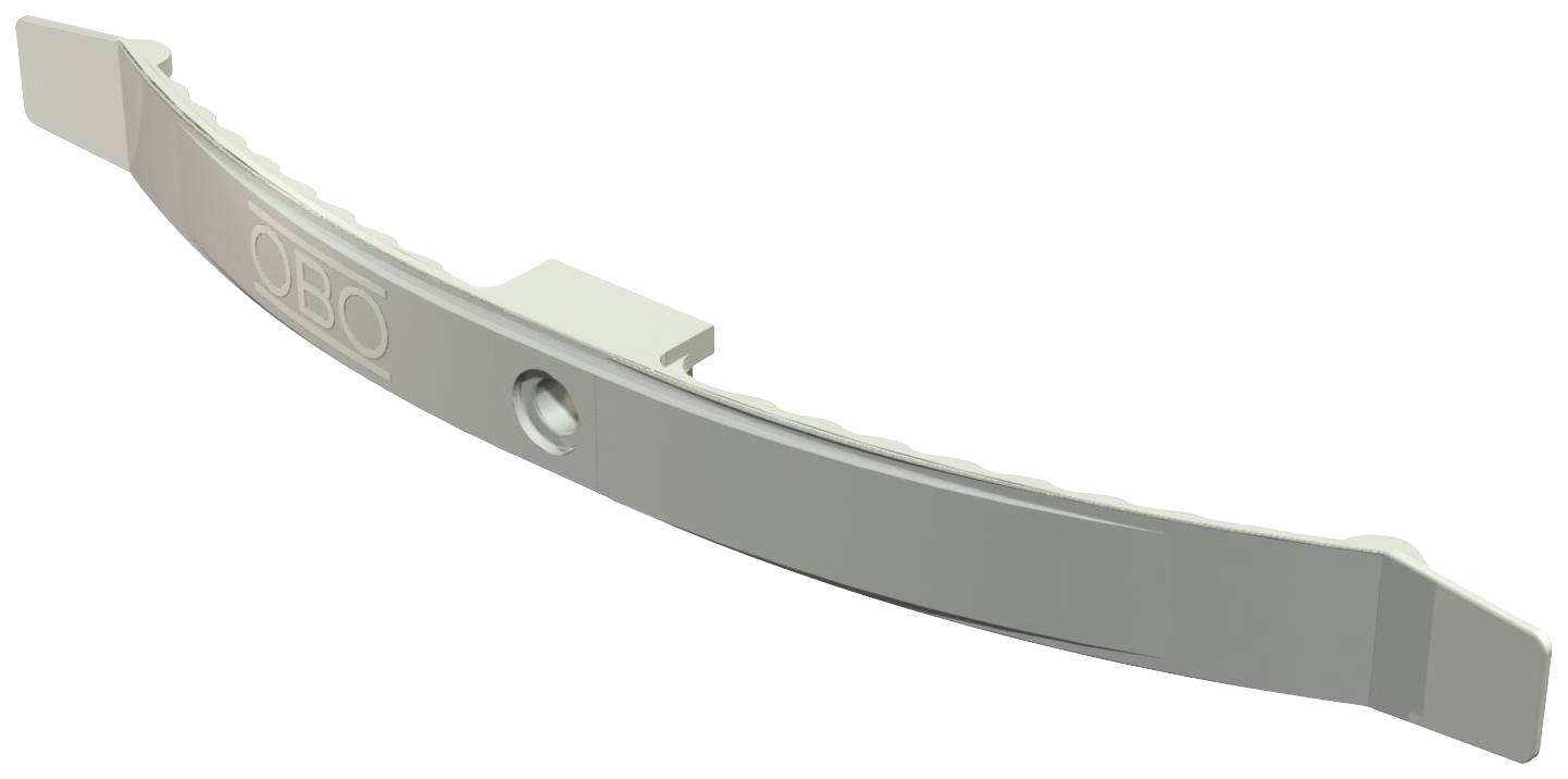 Metallene Halterung mit erhabenem OBO-Logo, leicht gebogen, mit einem zentralen Befestigungsloch.