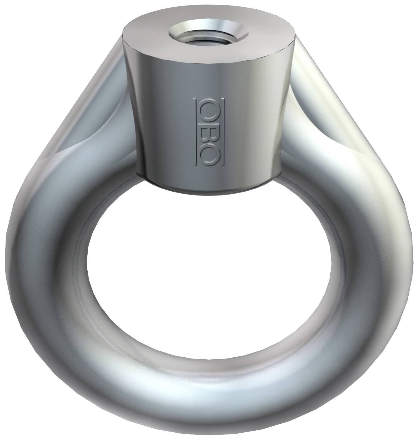 Ein metallischer Ring mit zylindrischer Halterung, vermutlich eine Öse zum Heben schwerer Objekte, mit eingeprägtem Markenlogo.