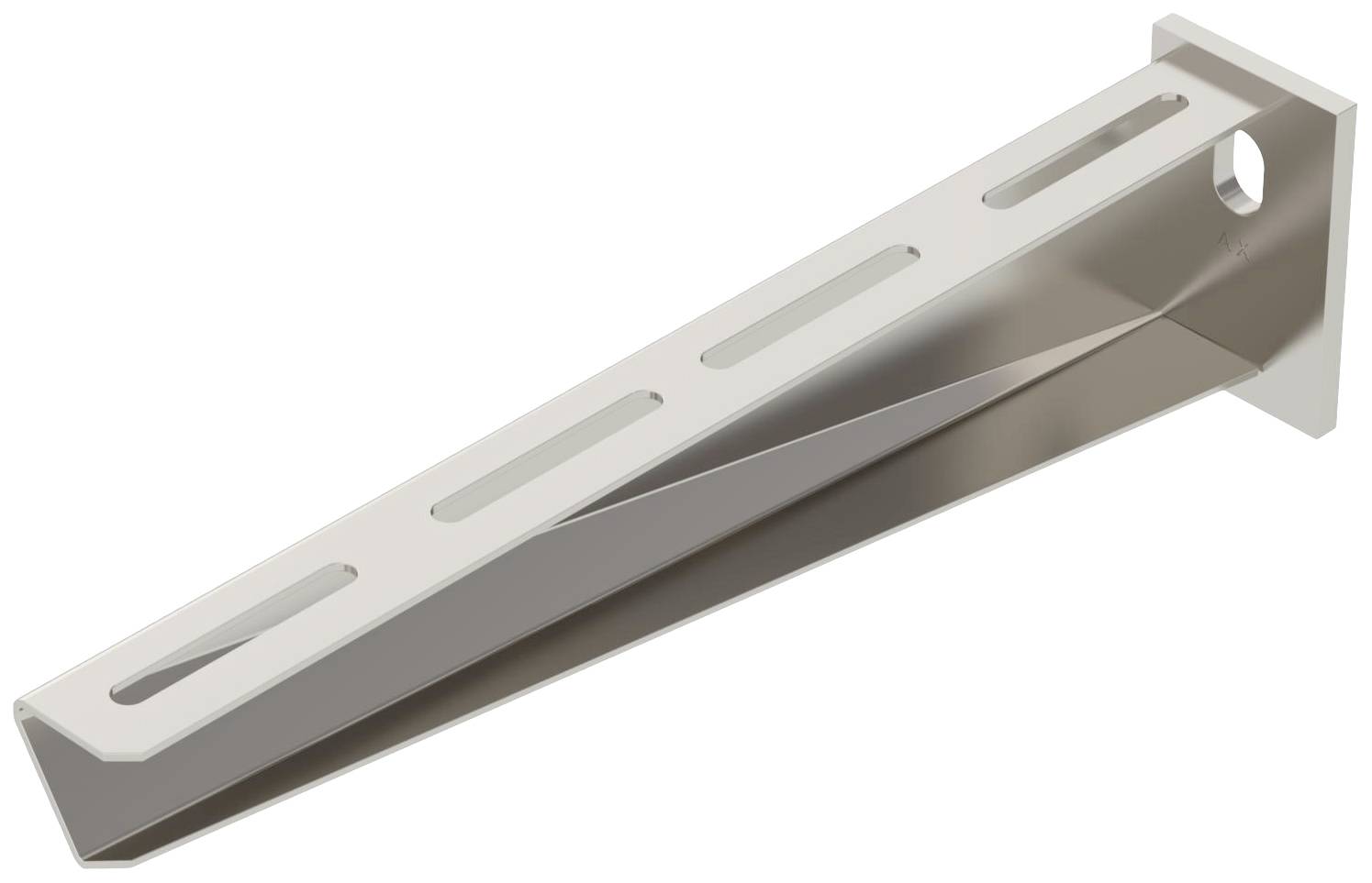 Metallwinkelträger mit vier länglichen Schlitzen und einer runden Öffnung, geeignet zur Wandmontage für Regalböden.