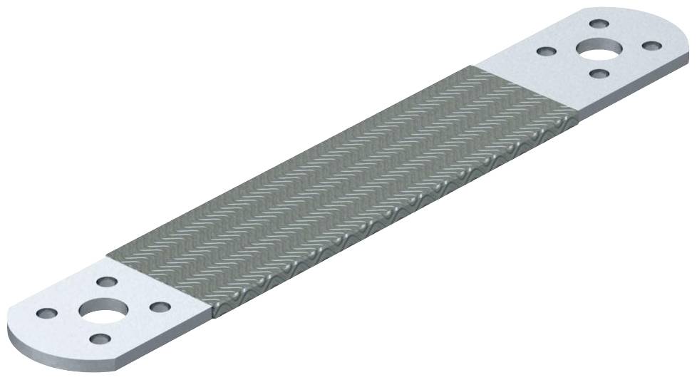 Ein flaches Metallelement mit zwei runden Enden, perforiert mit Löchern und einer geflochtenen Struktur in der Mitte, zur Stabilisierung.