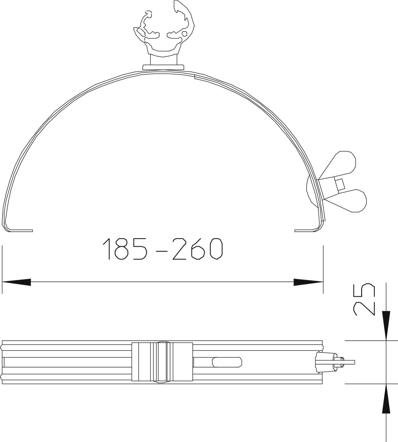 Technische Zeichnung eines Lampenhalters, einstellbar zwischen 185-260 mm, Höhe 25 mm. Zeigt Maße und Aufbau der Halterung.
