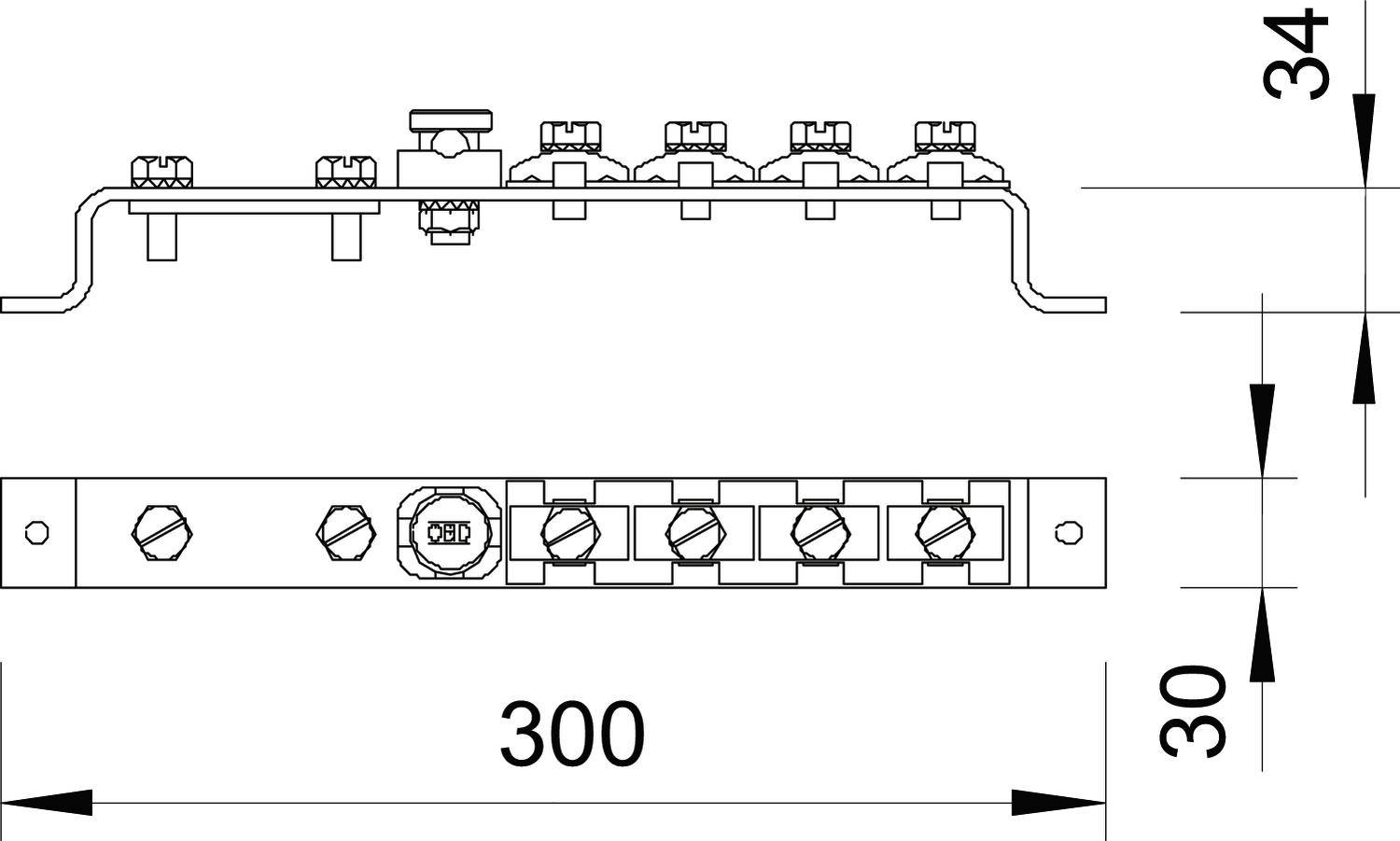 Technische Zeichnung einer elektrischen Anschlussklemme mit sieben Kontakten. Maße: Länge 300 mm, Höhe 34 mm, Breite 30 mm.