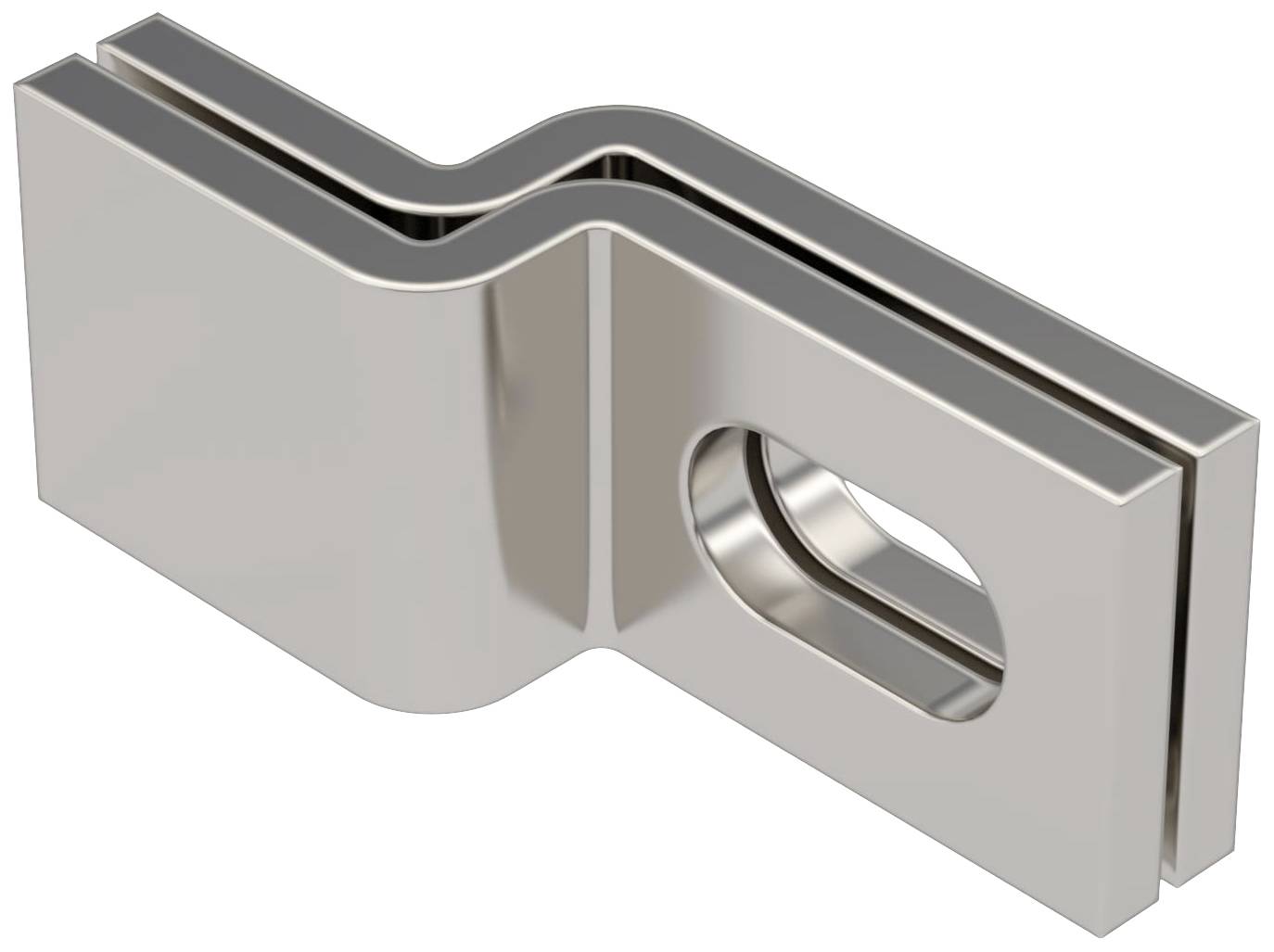 Metallverbinder mit rechteckigem Design und ovalem Loch, für festes Verbinden von Bauteilen. Hergestellt aus glänzendem Metall.