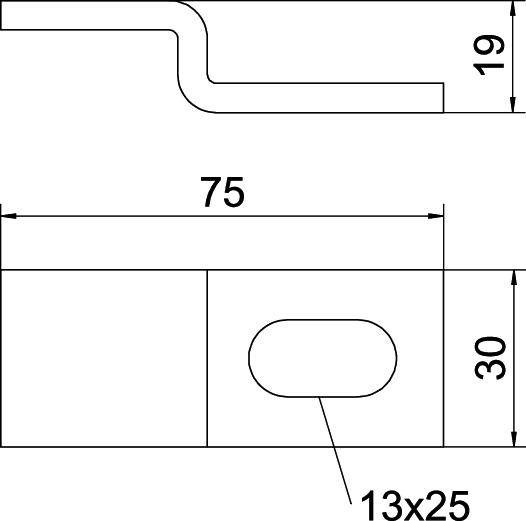 Technische Zeichnung eines Metallteils mit Bemaßungen: Länge 75, Breite 30, Höhe 19. Ovales Loch: 13x25. Seiten- und Draufsicht.