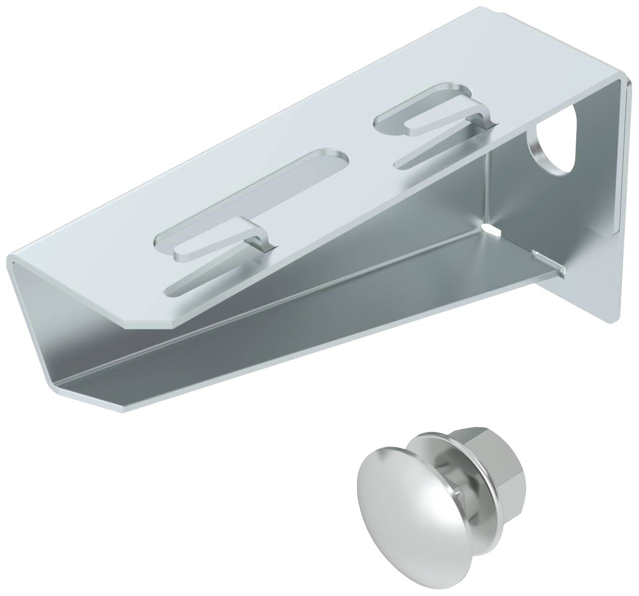 Metallwinkel für Regalbefestigung, mit Bolzen. Verfügt über Löcher und Schlitze zur flexiblen Montage an unterschiedlichen Oberflächen.