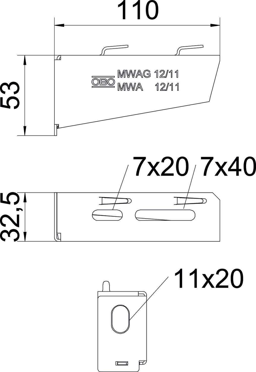 Technische Zeichnung zeigt eine rechteckige Halterung. Maße: Länge 110 mm, Höhe 53 mm, Breite 32,5 mm. Befestigungslöcher: 7x20 mm, 7x40 mm, 11x20 mm.