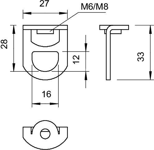 Technische Zeichnung eines Bauteils mit Maßen: Höhe 28 mm, Breite 27 mm, Tiefe 33 mm, Lochgröße M6/M8, weitere Maße 12 mm und 16 mm.
