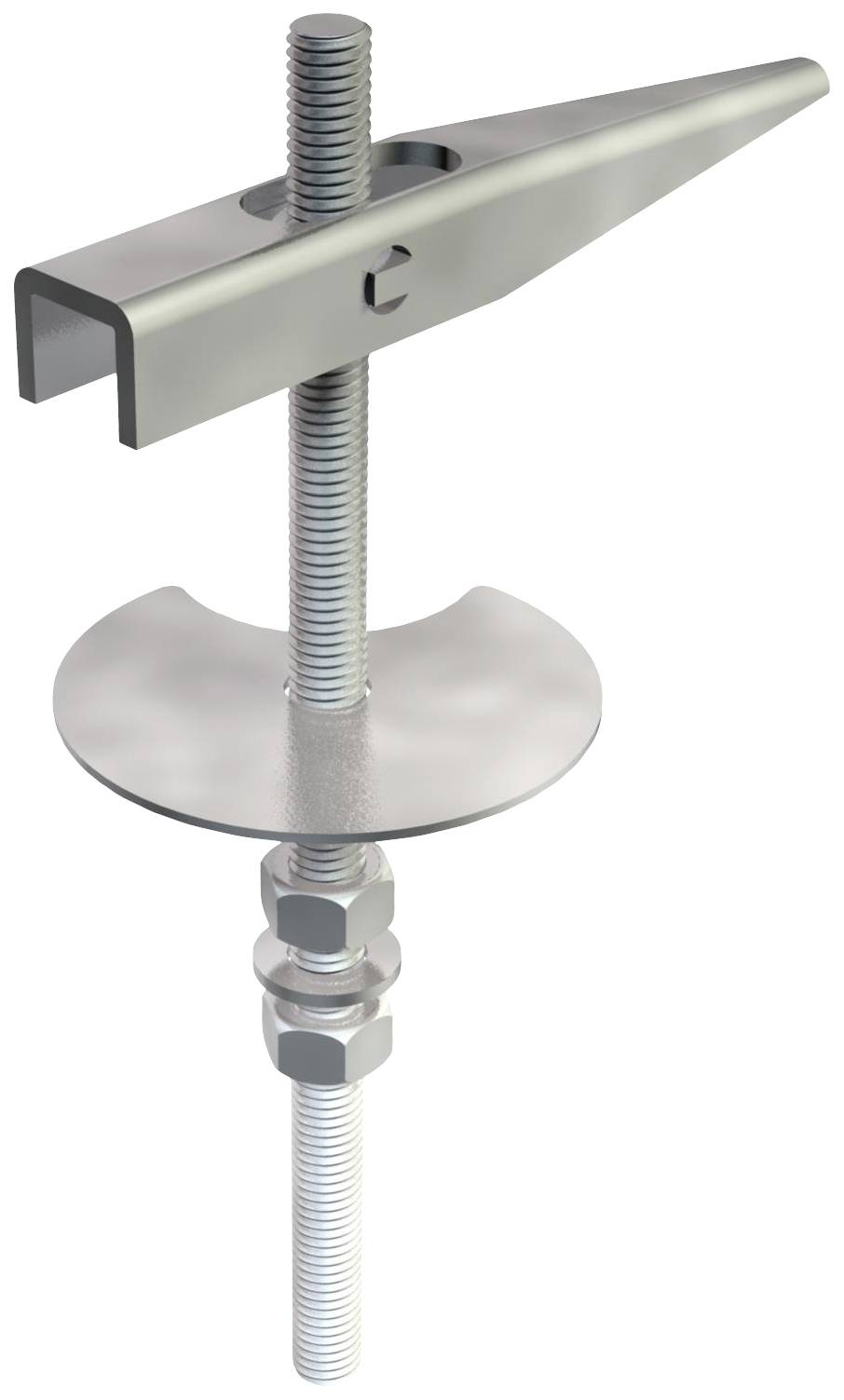 Metallisches Befestigungselement mit Gewindestange, Unterlegscheibe und Flügelmutter, verwendet für strukturelle Anwendungen.