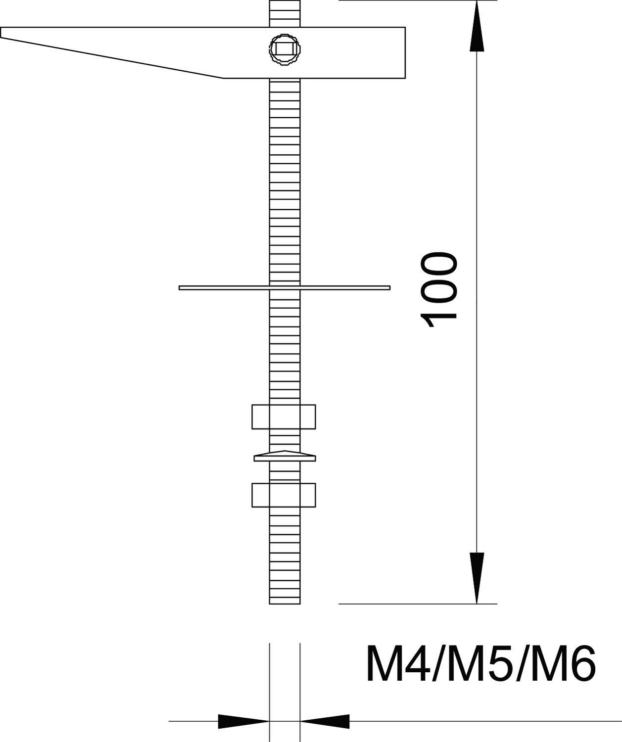 Technische Zeichnung einer Gewindespindel mit Mutter und Unterlegscheiben. Beschriftet mit '100' für Länge und 'M4/M5/M6' für Gewindegrößen.