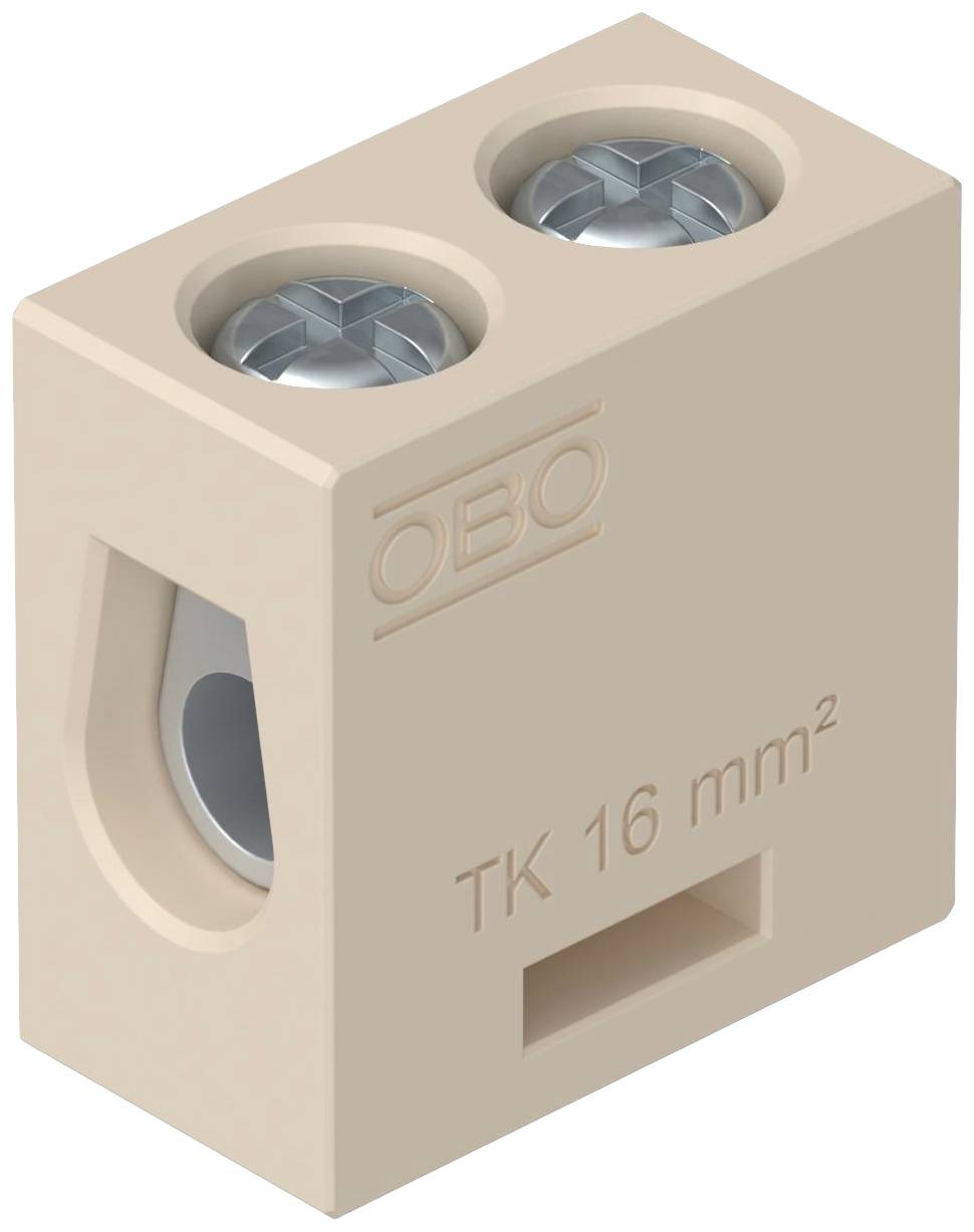 Klemmenblock von OBO, 16 mm² Kapazität, mit zwei Schrauben zur Drahtbefestigung, beige Farbe.