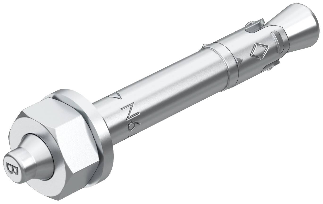 Ein silberner Metallankerbolzen mit einem Sechskantkopf und einem Schaft mit Rippen, verwendet zum Befestigen in festen Materialien.