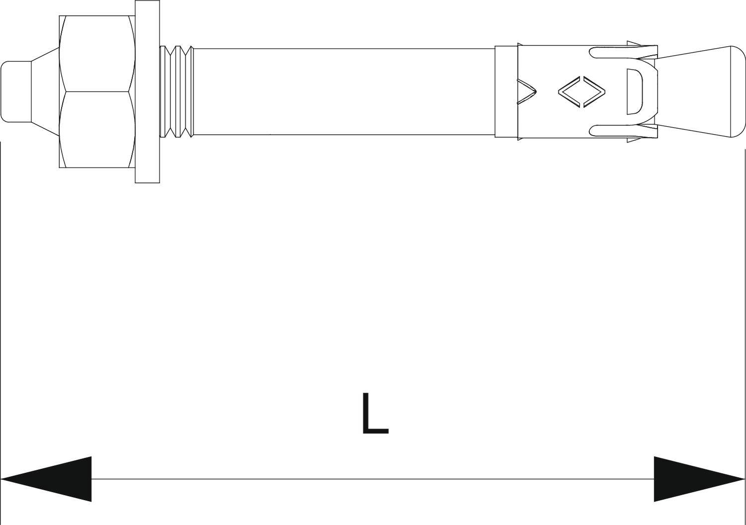 Technische Zeichnung eines Befestigungsankers mit Maßen, zeigt Länge 'L' mit Doppelpfeilen an, flankiert von Muttern und Schraubengewinde.