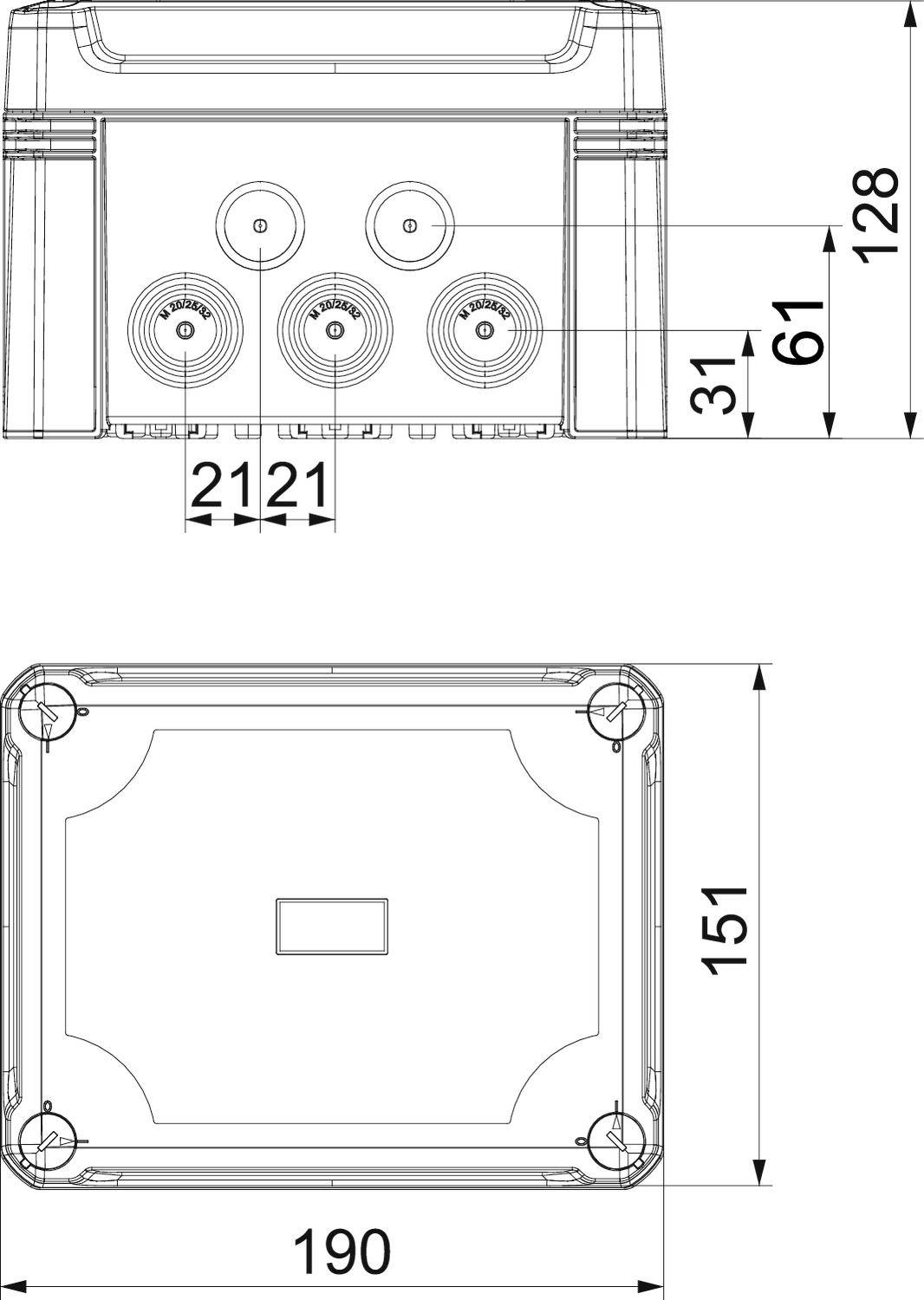 Technische Zeichnung eines rechteckigen Gehäuses mit Abmessungen: Oben 212 x 128 mm, unten 190 x 151 mm, Höhe 61 mm.