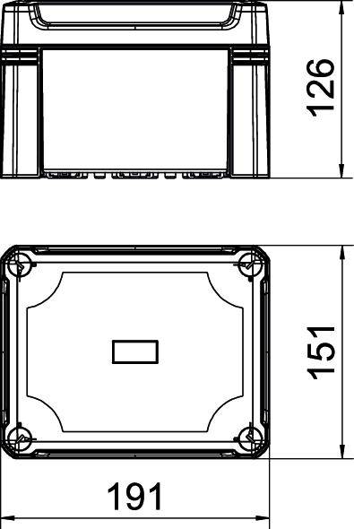 Technische Zeichnung eines rechteckigen Gehäuses mit Deckel. Maße: Höhe 126 mm, Breite 191 mm, Tiefe 151 mm.