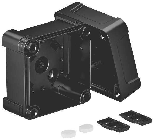 Geöffnete schwarze Kunststoffbox mit herausnehmbarem Deckel und zwei kleinen weißen und schwarzen Verschlusskomponenten.