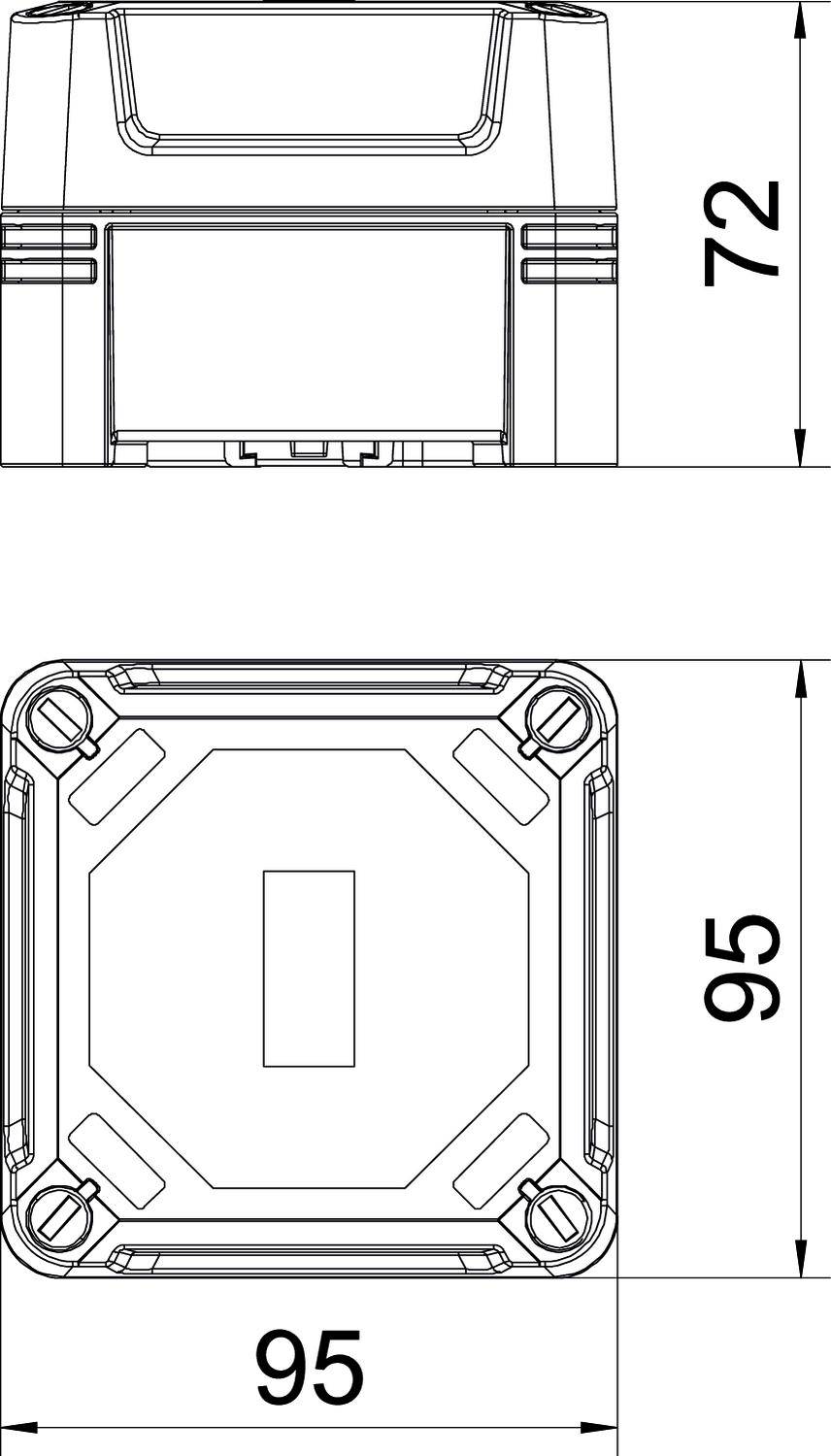 Technische Zeichnung eines quaderförmigen Gehäuses. Maße: Höhe 72 mm, Breite und Tiefe 95 mm. Details wie Ecken und Schraubenlöcher sichtbar.